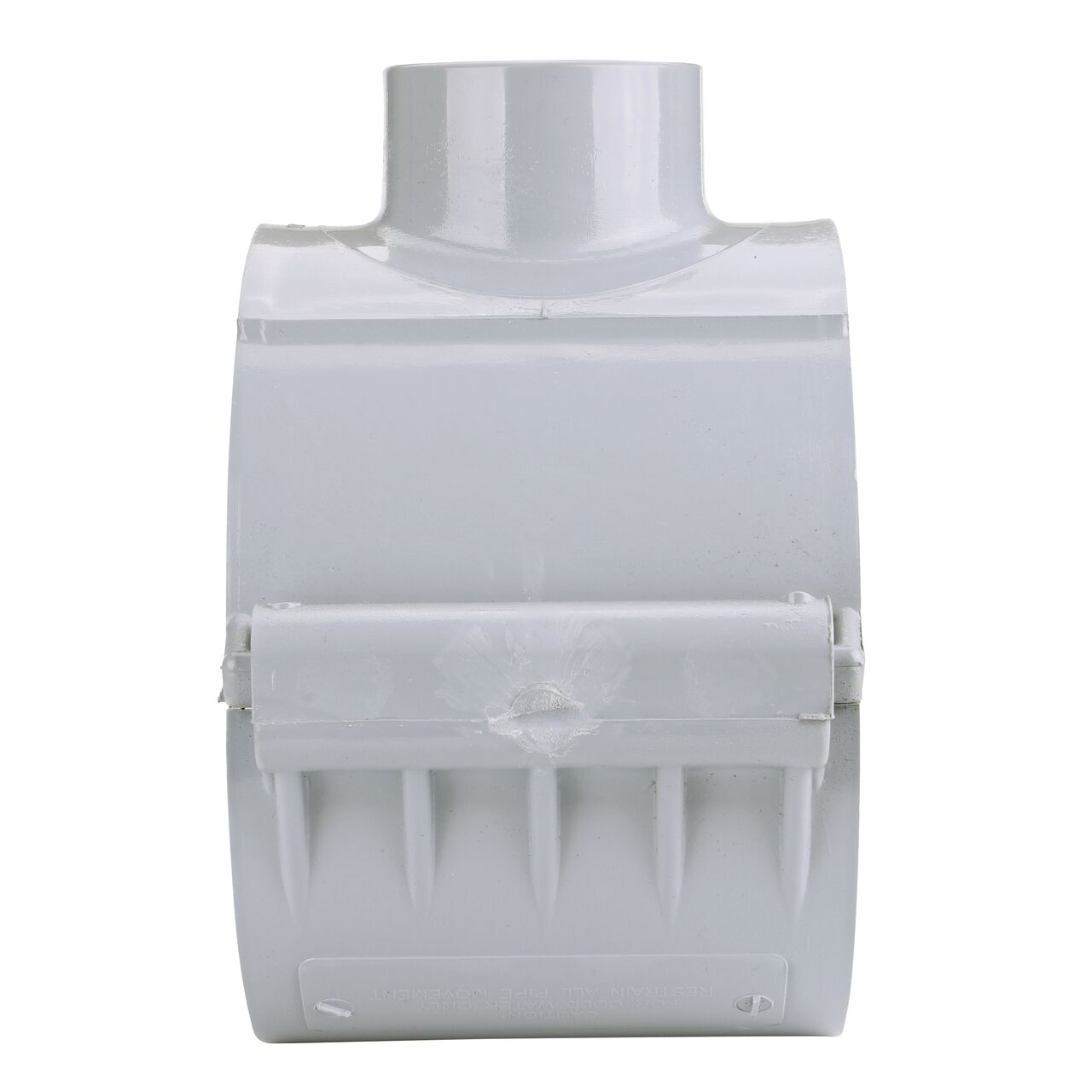 Side view showing hinged side of the NDS Clamp-It™ Rigid PVC Saddle with 1-1/2 in. slip connection on top (NDS  456015) for 6 in. PVC pipe