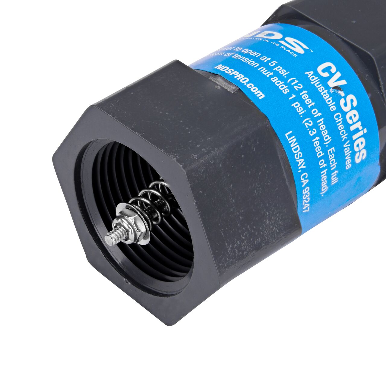 Closeup of the FPT end with needle point of the NDS Gray 1 in. IPS FPT X FPT PVC Adjustable Inline Spring Check Valve (NDS CV-1000-FF)