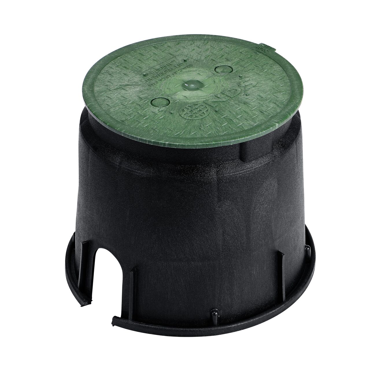 View of entire 10 in. Round SureFit Universal Valve Box Lid (NDS 10RND-UC) installed on the Black 10 in. Dura Valve Box