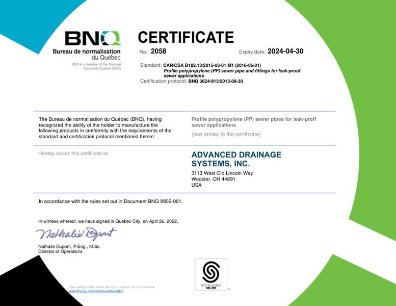 BNQ 3624-913 Profile Polypropylene Pipe and Fittings CERTIFICATE