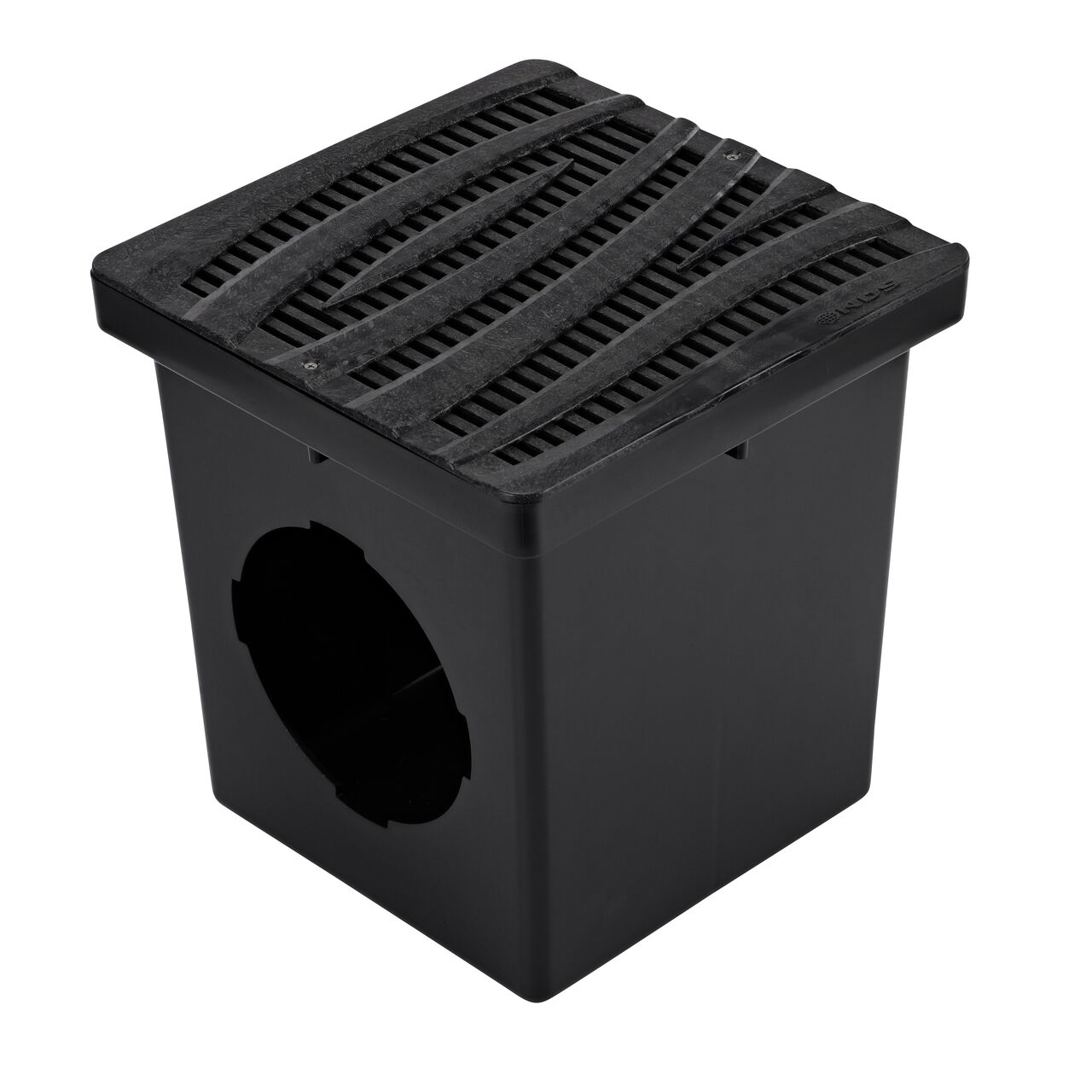 Alternate shot of 12 in. NDS Square Catch Basin Drain Grate, Decorative Wave Design, Black Plastic (NDS 1224) sitting on a NDS 12 in. Square Catch Basin (NDS 1200*); retail