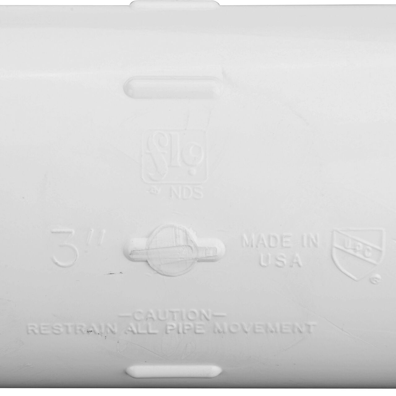 Closeup view of the NDS 3 in. IPS UC Compression Coupling showing that it is made in the USA as part of a complete flow management system for pool, spa, irrigation, and plumbing applications (NDS CCC-0500)