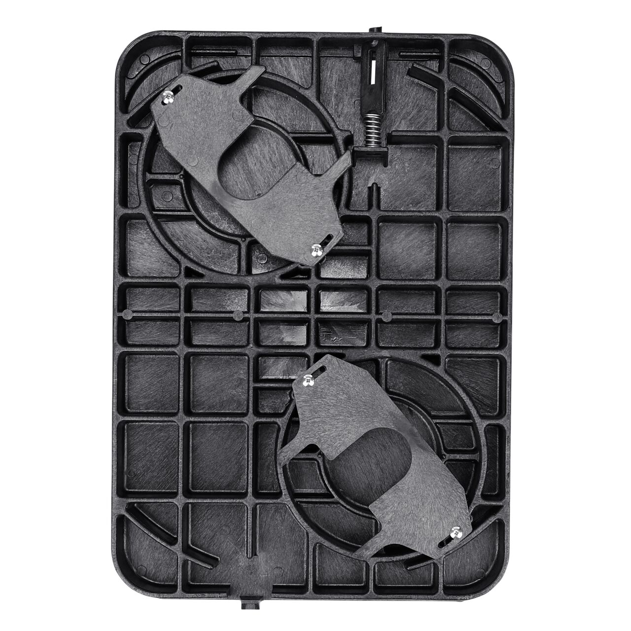 Top down view of the under side of the black bottom mount AMR water meter cover (NDS D15-BAMRL) for the NDS 13 in. X 20 in. Rectangular Meter Box showing reinforcing ribs that are load rated to withstand pedestrian traffic and and the double AMR bottom mount recesses