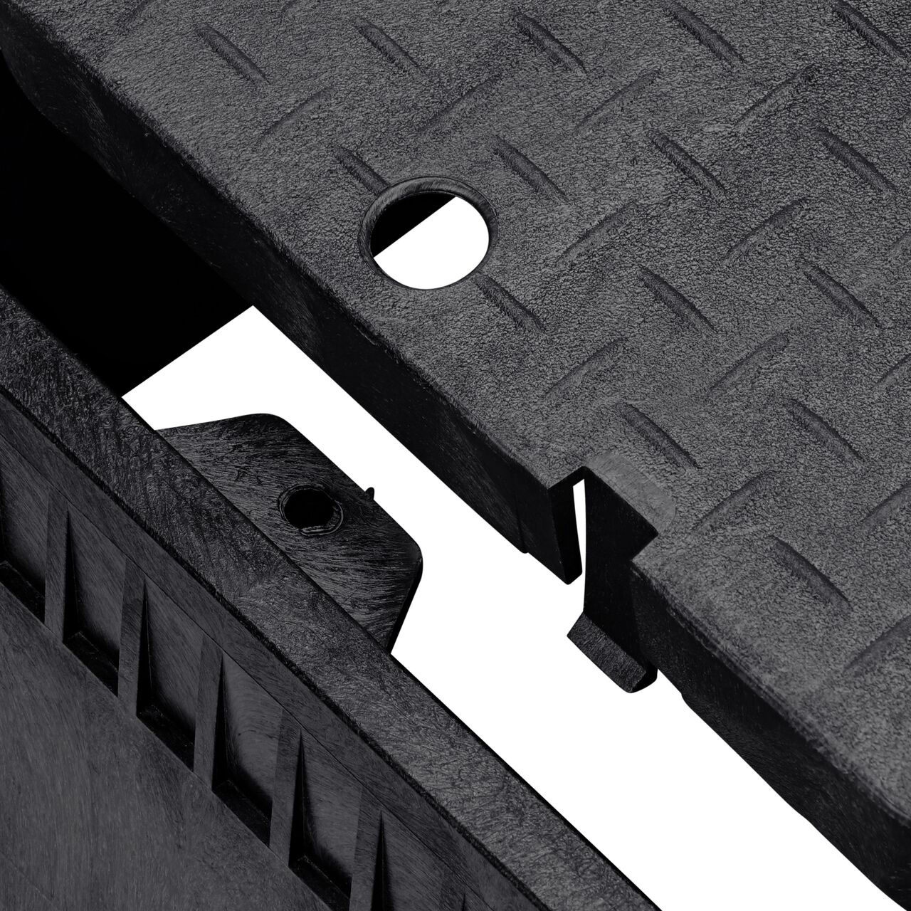 Align the latch on the lid with the latch from the NDS 13 in. X 20 in. Rectangular Standard Series Black Meter Box and Black Water Meter Cover (NDS D1500-DISB) for a secure fit
