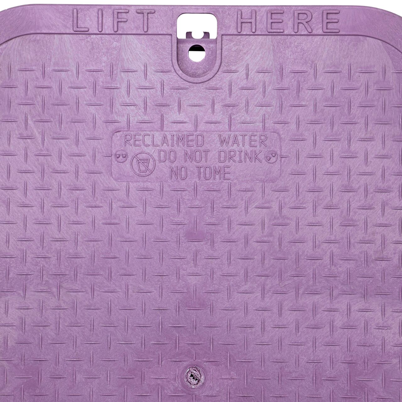 Closeup view of the Reclaimed Water markings on the Purple Reclaimed Water cover (NDS 117CR) for the NDS 13 X 20 in. Rectangular Standard Series Valve Box