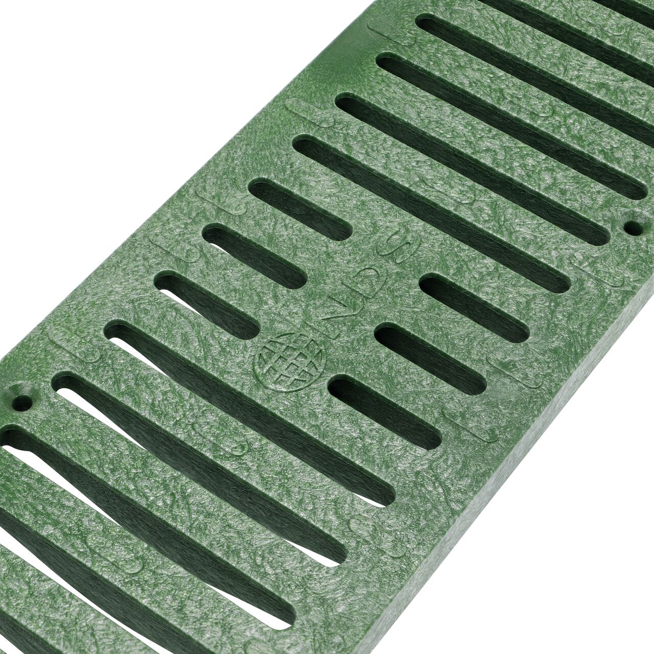 Closeup Angled View of the NDS Spee-D® Channel Drain Grate in Green Plastic (NDS 242)