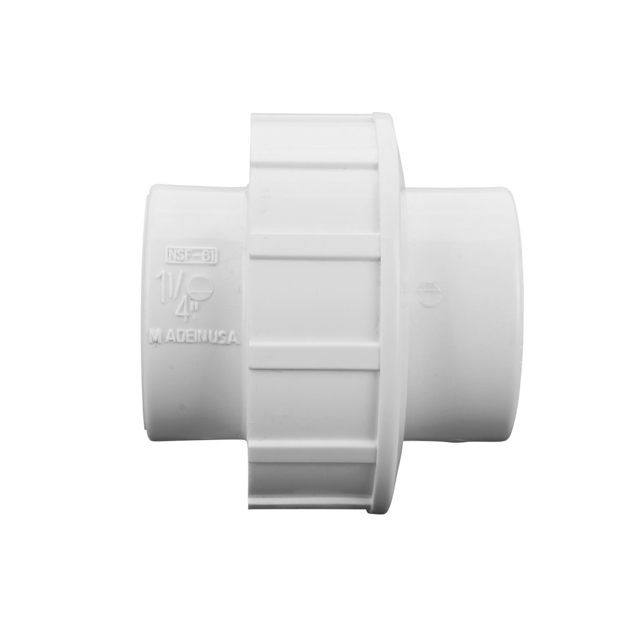 Side view of PVC Union, 1-1/4 in. Sch. 40 FPT X FPT showing two threaded ends that slide onto Sch. 40 pipe ends (NDS WU-1250-T)