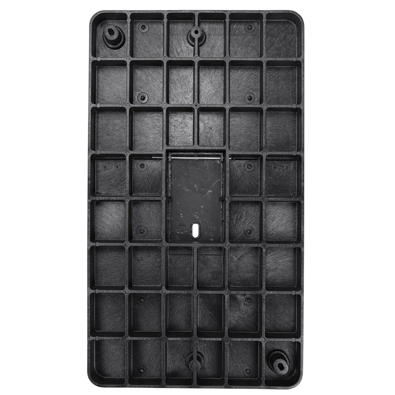 Top down view of the underside of the Black Water Meter cover (NDS 123CDMCIF) for the NDS 17 in. X 30 in. Rectangular pro series Meter box showing reinforcing ribs that help support pedestrian and lawn care equipment and hinged Cast Iron reader door