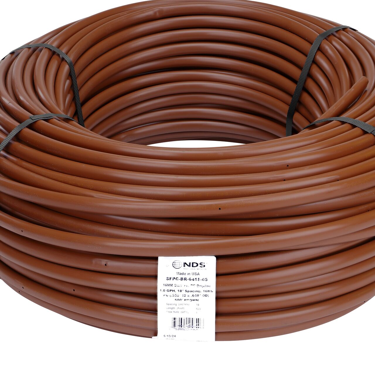 NDS 500 ft. Brown Tubing with 1.0 GPH Pressure Compensating Emitters with 12 in. Spacing (NDS SFPC-BL-6418-05) comes coiled, taped and labeled