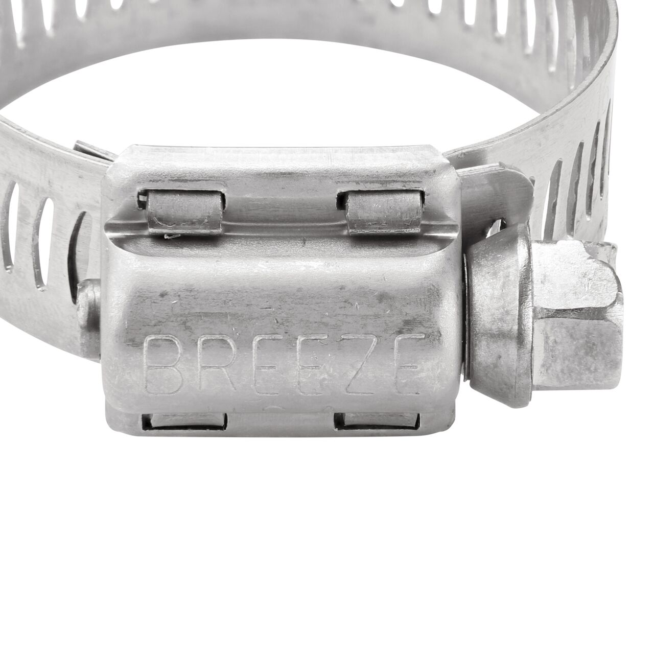 Closeup view of the two-piece clamp housing made of Series 300 Stainless Steel on the NDS SAE 16 Worm Drive Hose Clamp with Aero Seal 1/2 in. band width (NDS 64016H)