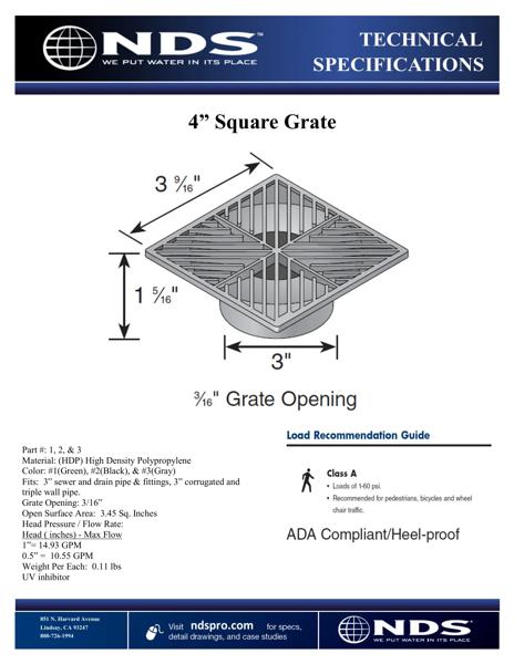 NDS 4 in. Square Drainage Grates for Pipes & Fittings Tech Spec