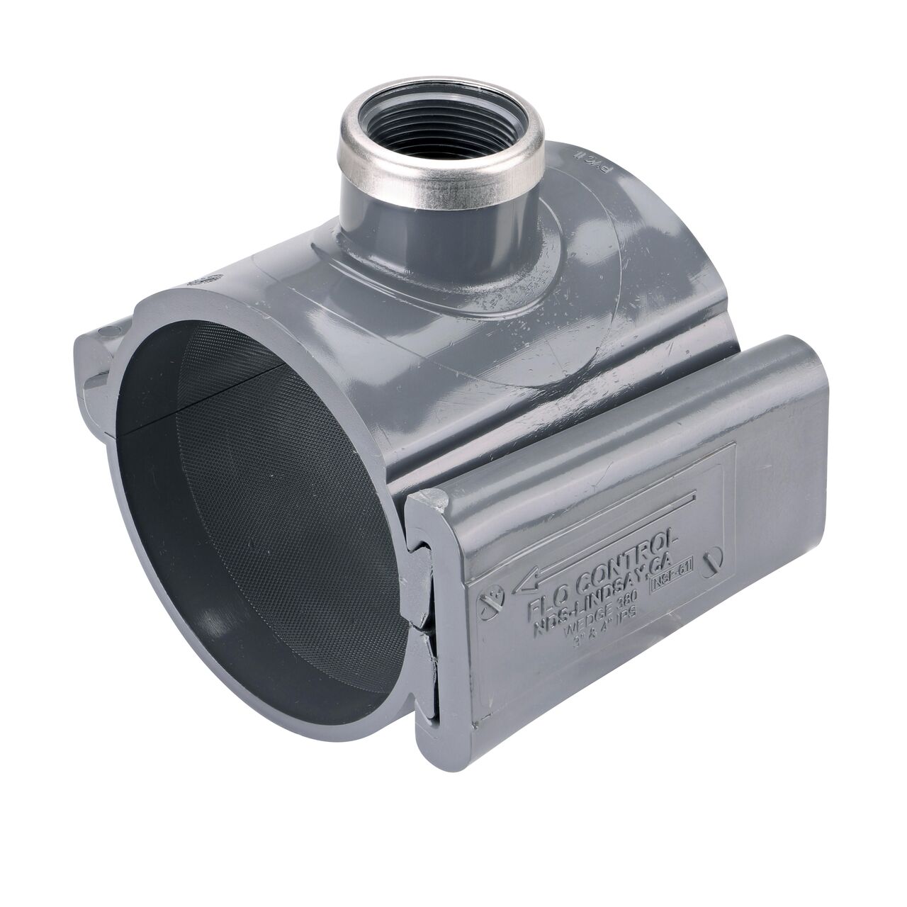 The NDS Clamp-It™ Rigid PVC Saddle with 1-1/4 in. FPT connection on top (NDS 444012) for 4 in. PVC pipe has a patented wedge design to install a sprinkler irrigation system to existing pipe without any bolts