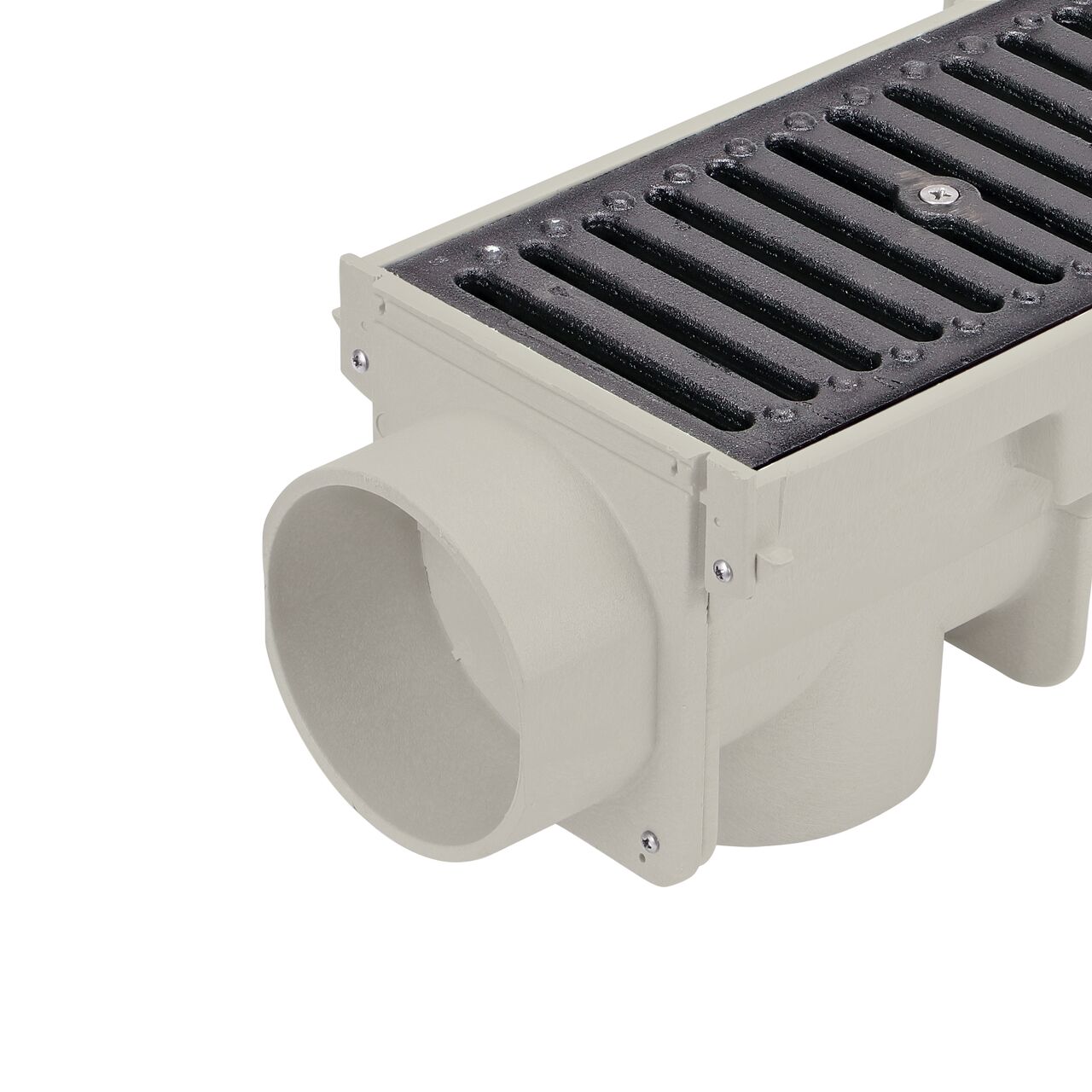 Closeup view of the end outlet installed with screws on the NDS Neutral Dura Slope® Channel Drain Kit (NDS DS-091NDIKIT)