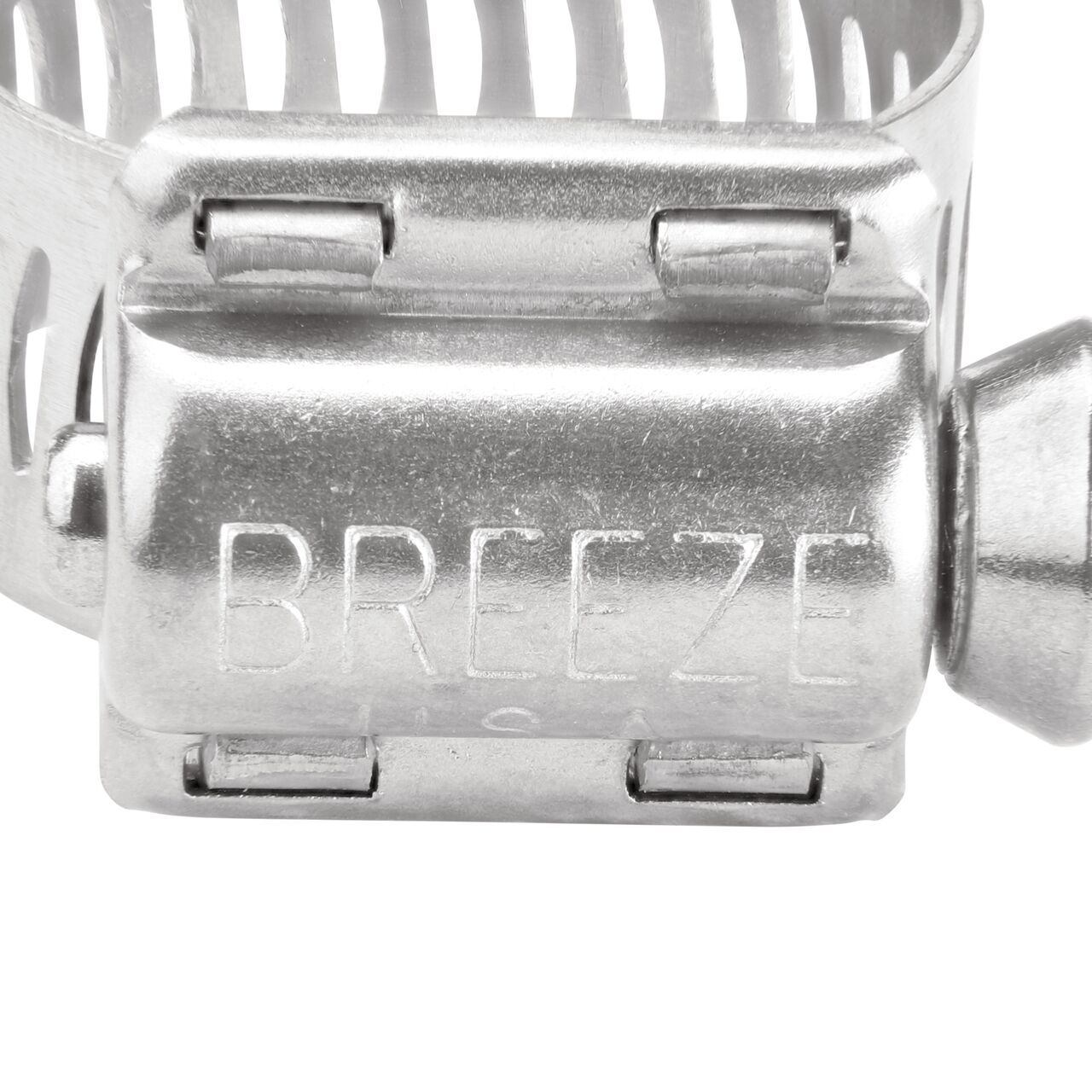 Closeup view of the two-piece clamp housing made of Series 300 Stainless Steel on the NDS SAE 8 Worm Drive Hose Clamp with Aero Seal 1/2 in. band width (NDS 64008H)