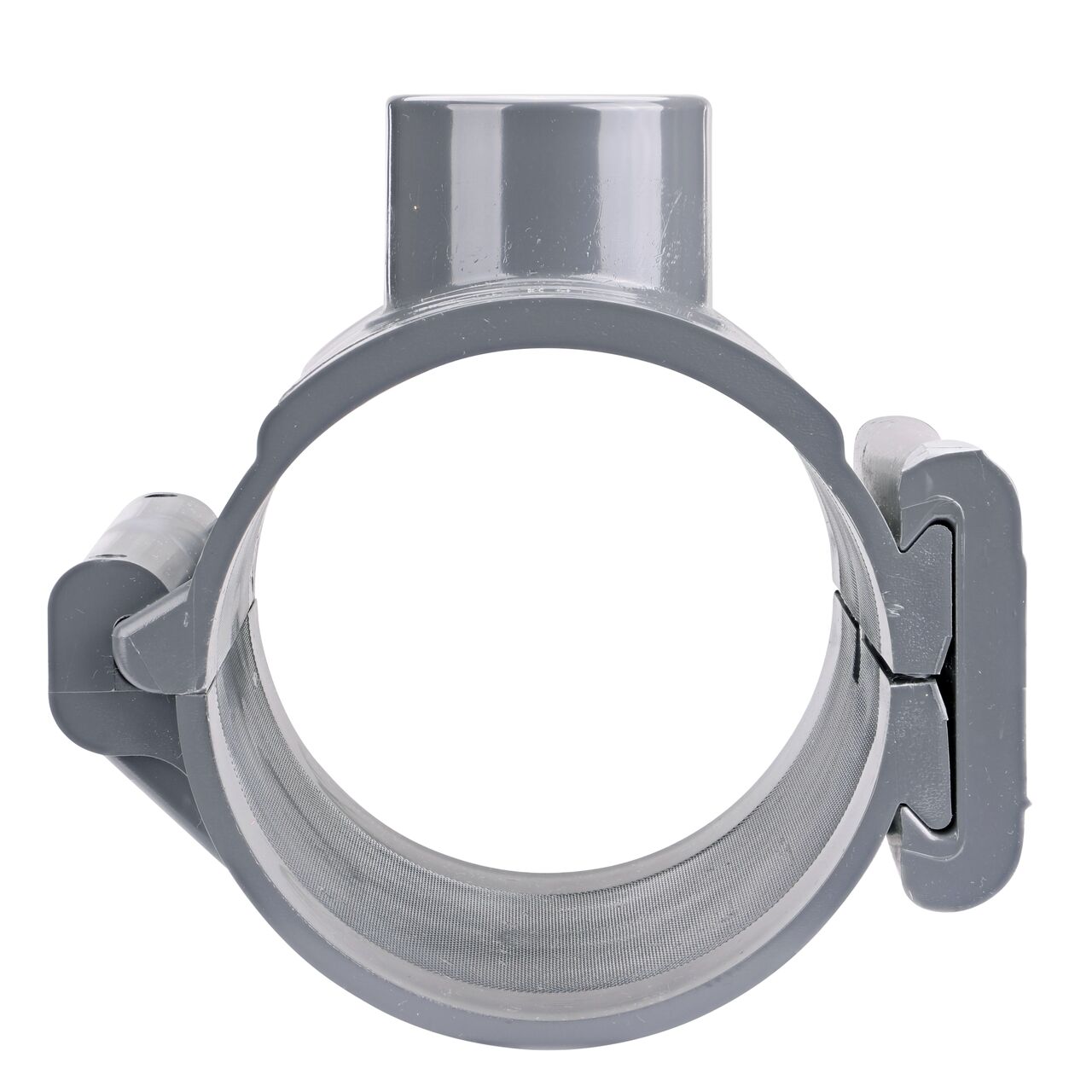 Front facing view of the NDS Clamp-It™ Rigid PVC Saddle with 1-1/2 in. slip connection on top (NDS 454015) for 4 in. PVC pipe showing both the wedge and hinge sides