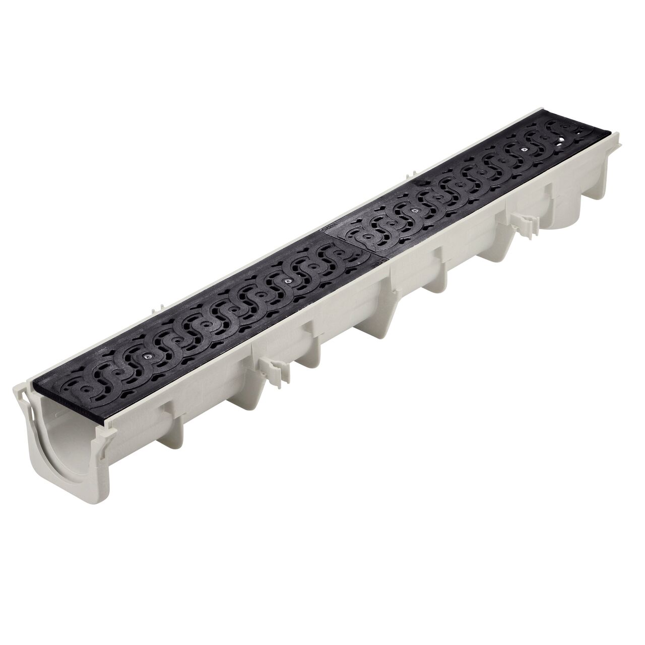Two ductile iron decorative weave design Dura Slope™ Channel Drain Grates (NDS DS-601) fit on one Dura Slope Channel Drain (NDS DS-091)