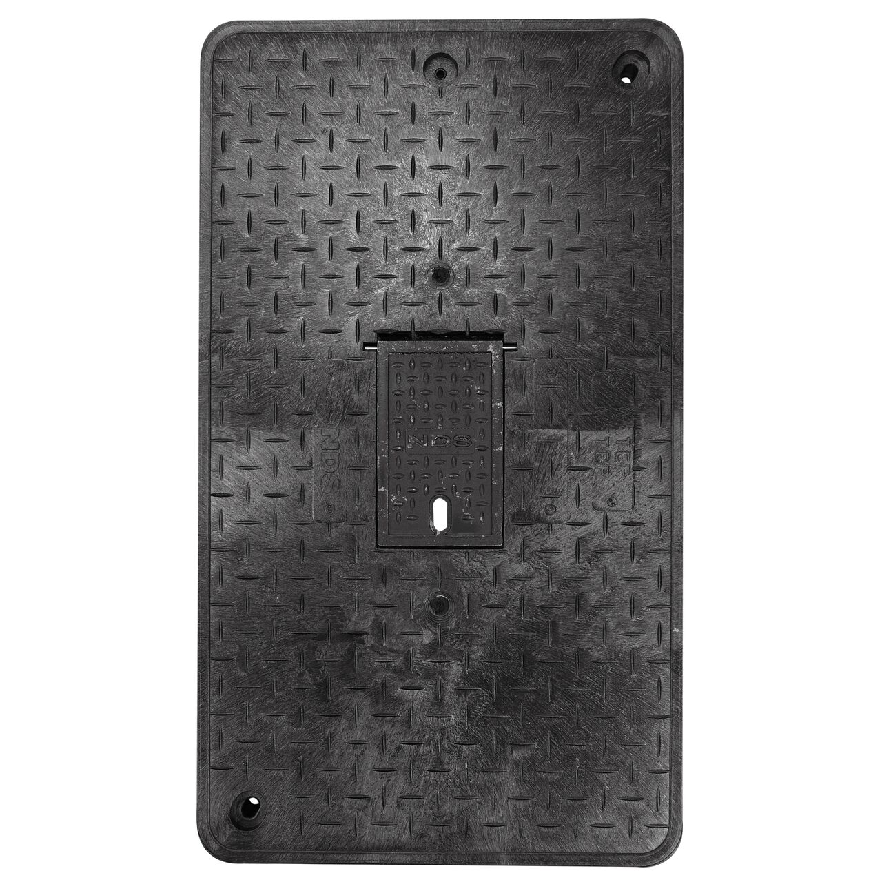 Top down view of the top side of the Black Water Meter cover for the NDS 17 in. X 30 in. Rectangular Pro Series Meter Box (NDS 126BCDMCIFB) showing the Black Water Meter markings and Cast Iron reader door