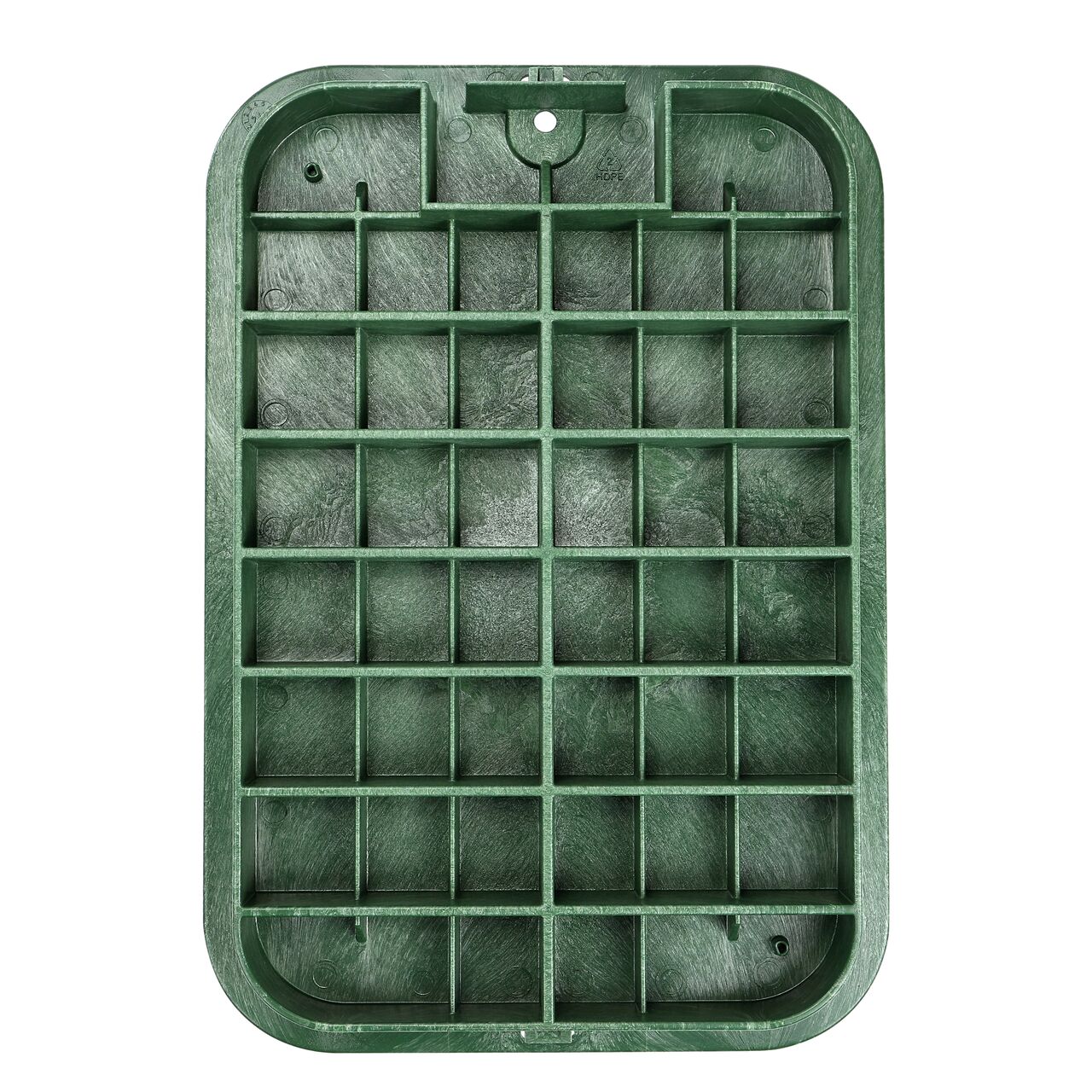 Top down view of the underside side of the Green Sewer cover (NDS 118BCS) for the NDS 13 in. X 20 in. Rectangular Standard Series Jumbo Valve Box , showing reinforcing ribs that are load rated to withstand pedestrian traffic and the rigors of lawn care equipment