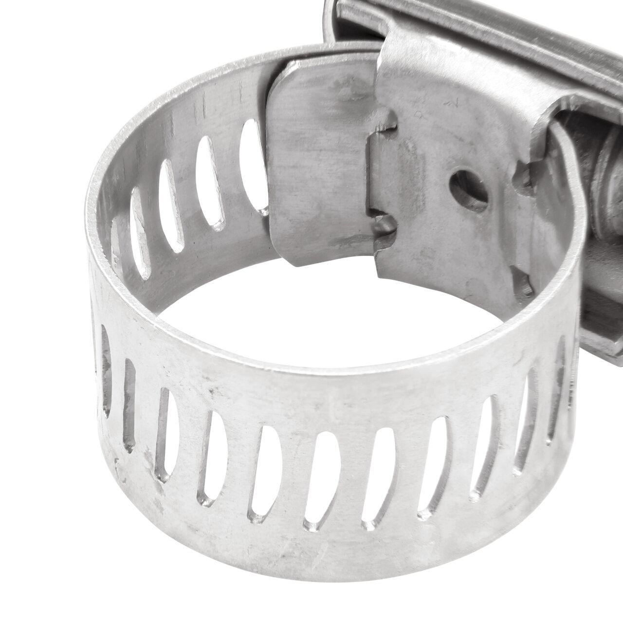 Closeup view of the arcial perforated slots in band for added strength and smoother engagement on the NDS SAE 6 Worm Drive Hose Clamp with Aero Seal 1/2 in. band width (NDS 64006H)