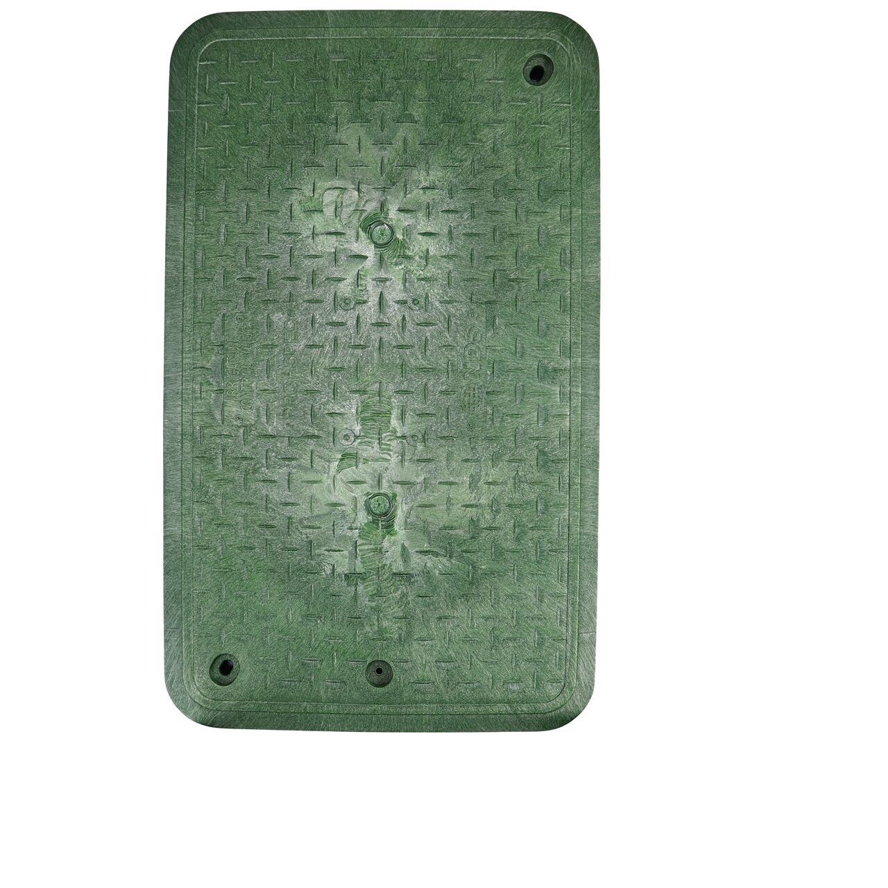 Top down view of the top side of the Green Irrigation Control Valve cover for the NDS 17 in. X 30 in. Rectangular Pro-Spec® Series Valve Box (NDS 326BCB) showing the Green Irrigation Control Valve markings