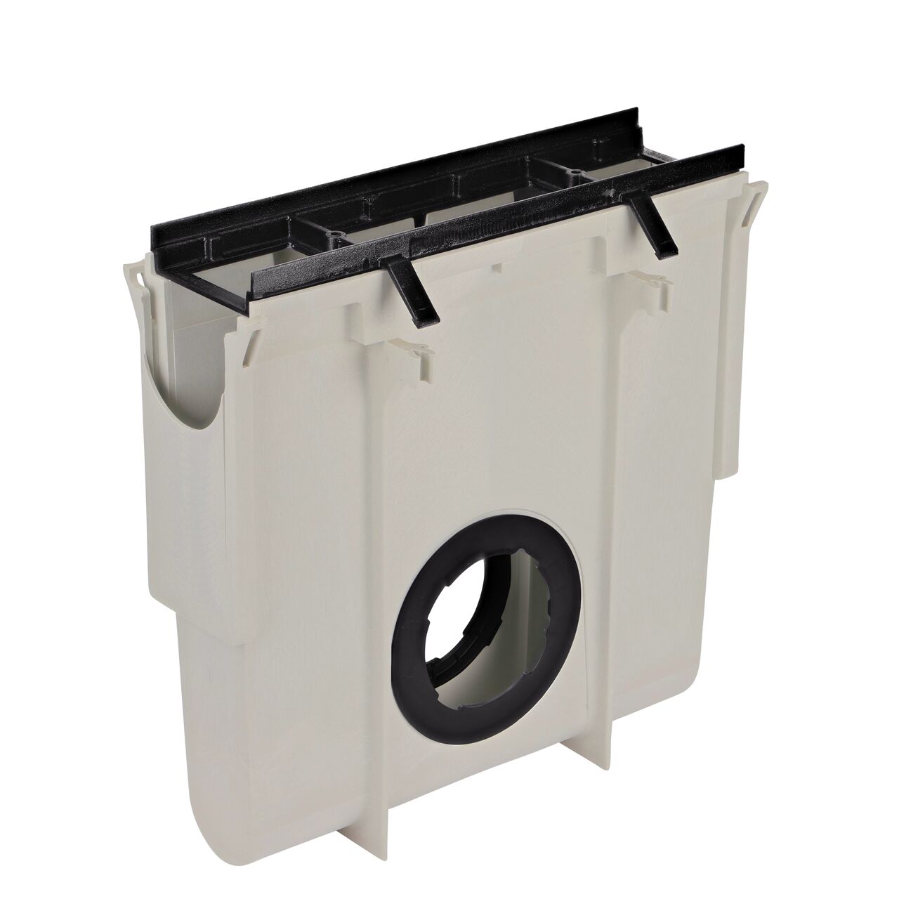 The Dura Slope™ Channel Drain Frame (NDS DS-200H) installed on the NDS Dura Slope Inline Basin (NDS DS-340) with pipe holes open