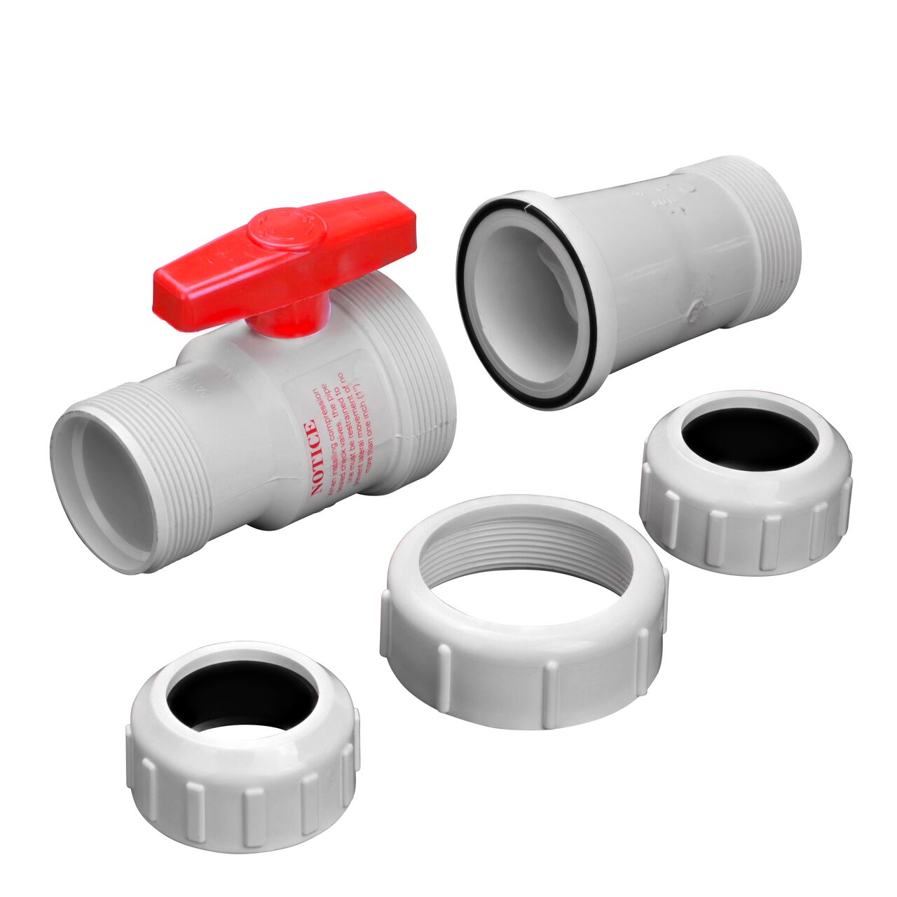 Unassembled from outlet end showing seals on the NDS White 1-1/2 in, IPS UC X UC Checkmate PVC Swing Check and Ball Valve Combination (NDS 2200-15UC)