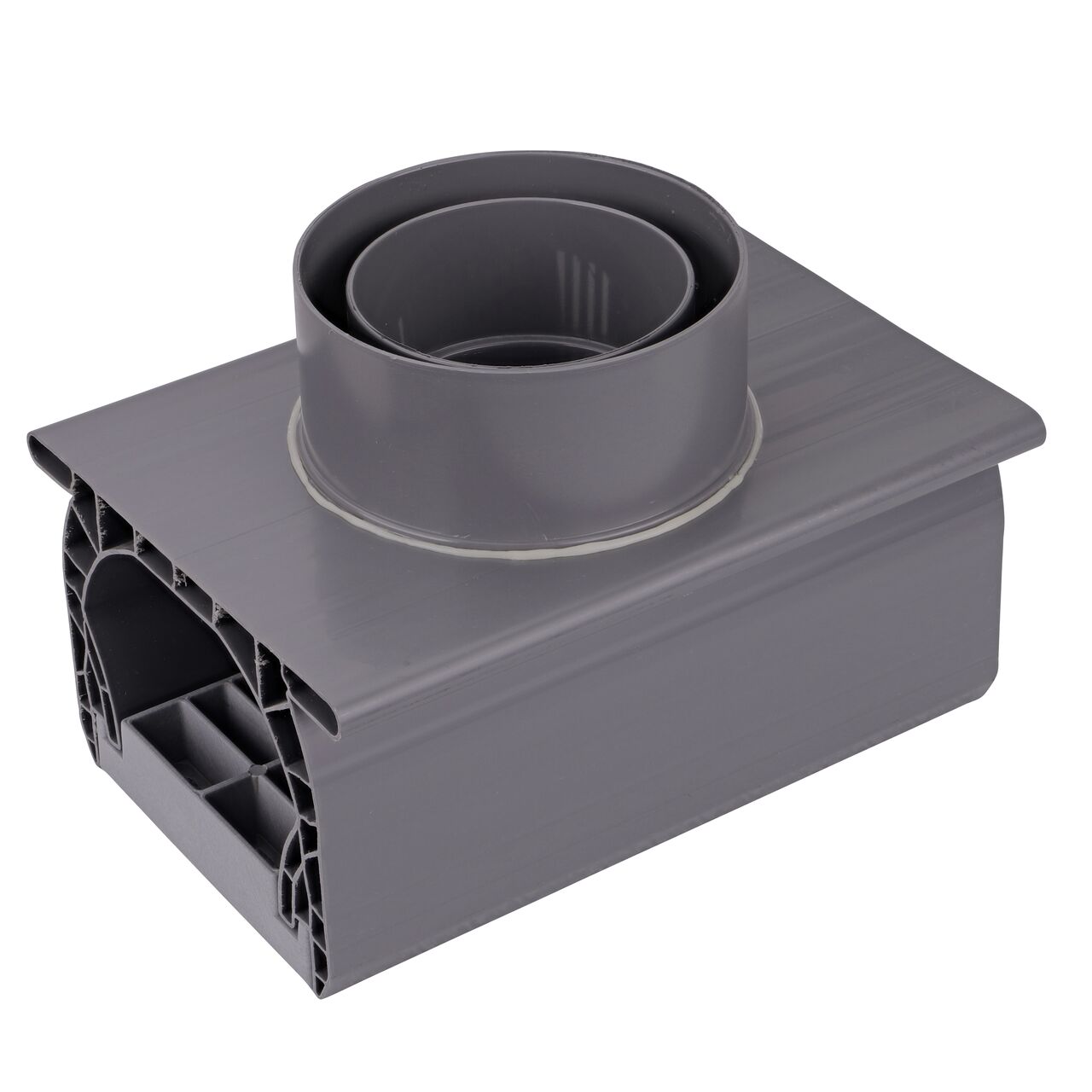 Bottom view of the Spee-D® Channel Drain Bottom Outlet Assembly (NDS 2351*, NDS 2351) shows fitting connection point to connect to 3 inch or 4 inch drain pipe