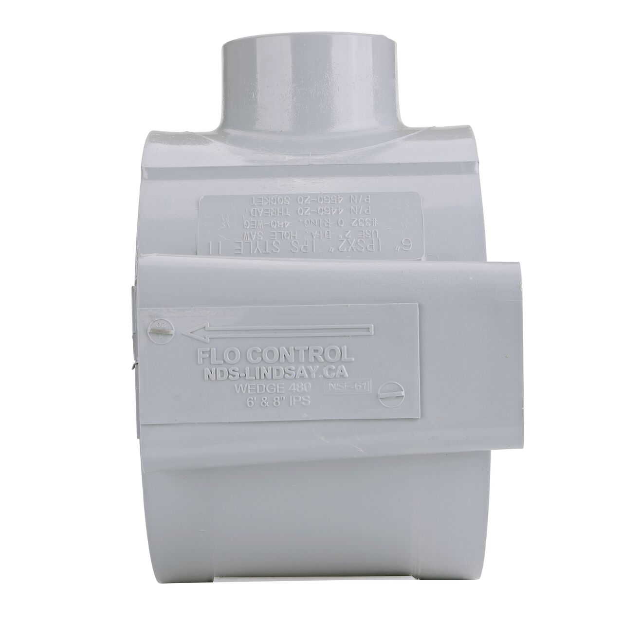 Side view showing patented wedge design in locked position on the NDS Clamp-It™ Rigid PVC Saddle with 1-1/2 in. slip connection on top (NDS  456015) for 6 in. PVC pipe