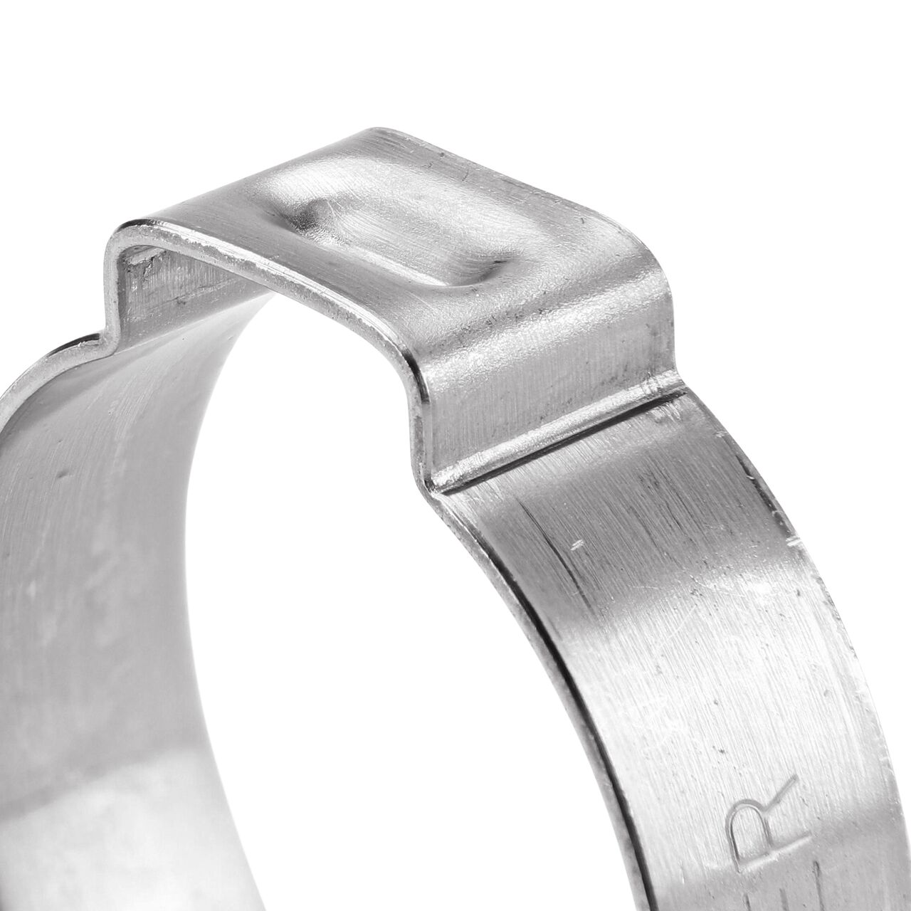 Closeup of the pinch clamp ear end on the NDS 226R Stainless Steel Pinch Clamp (NDS NC155000-013) which bends to confirm a secure, permanent closure.