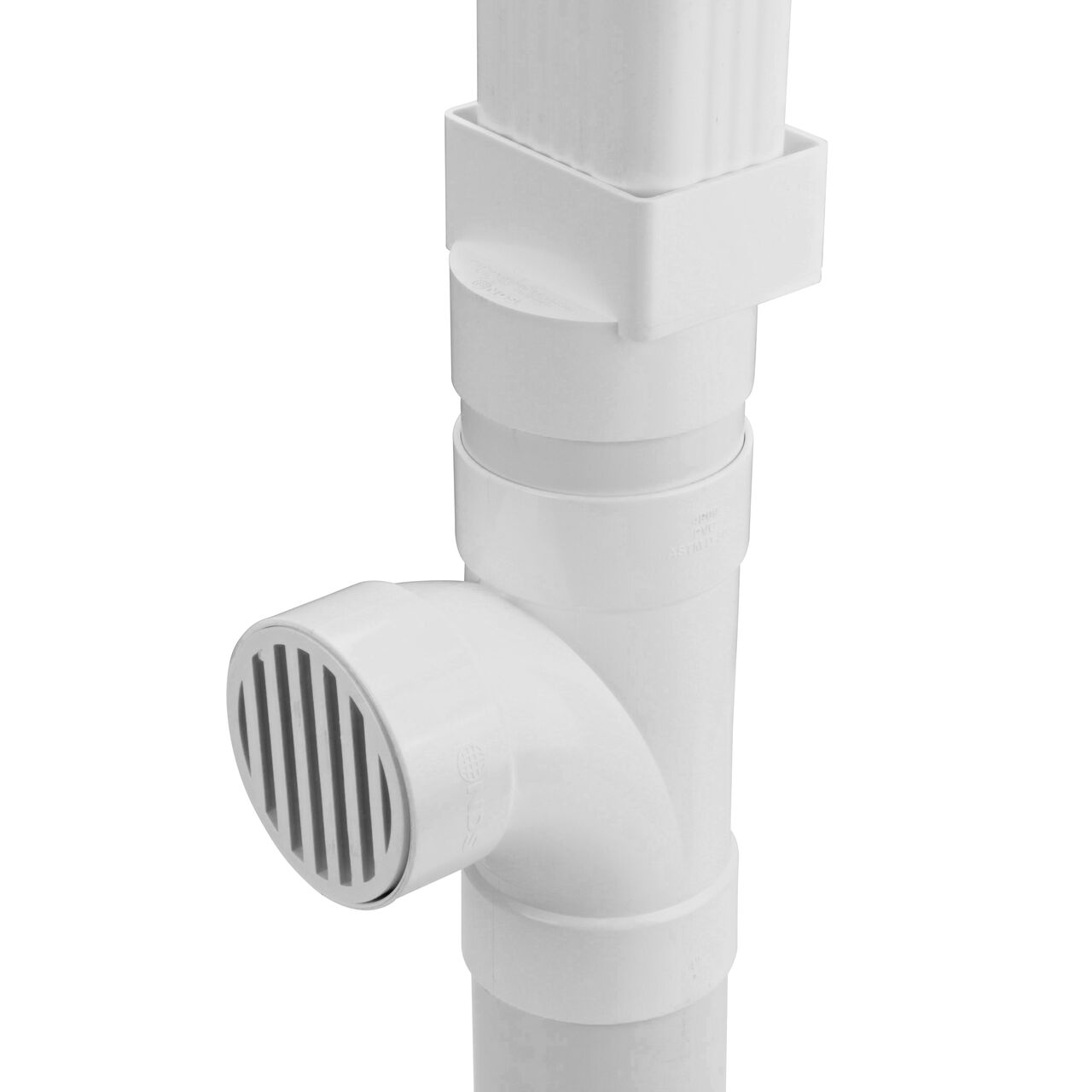 Assembled downspout assembly with the NDS offset 3X4 in. Downspout to 4 in. S&D Hub (NDS 9P13) downspout adapter installed with a 3X4 downspout, 4 in. S&D pipe, NDS Sanitary Tee (4P09) with a NDS 4 in. round S&D pipe & fitting grate (9P11) attached, and an additional 4 in. S&D pipe at the bottom