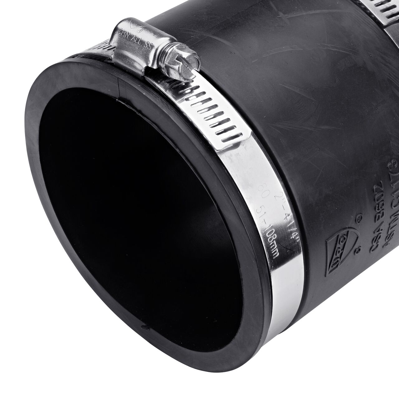 Closeup view of the small end on the NDS 3 in. flex coupling connects two cast iron/sewer and drain or DWV/copper/steel/lead pipes (NDS 56-33)