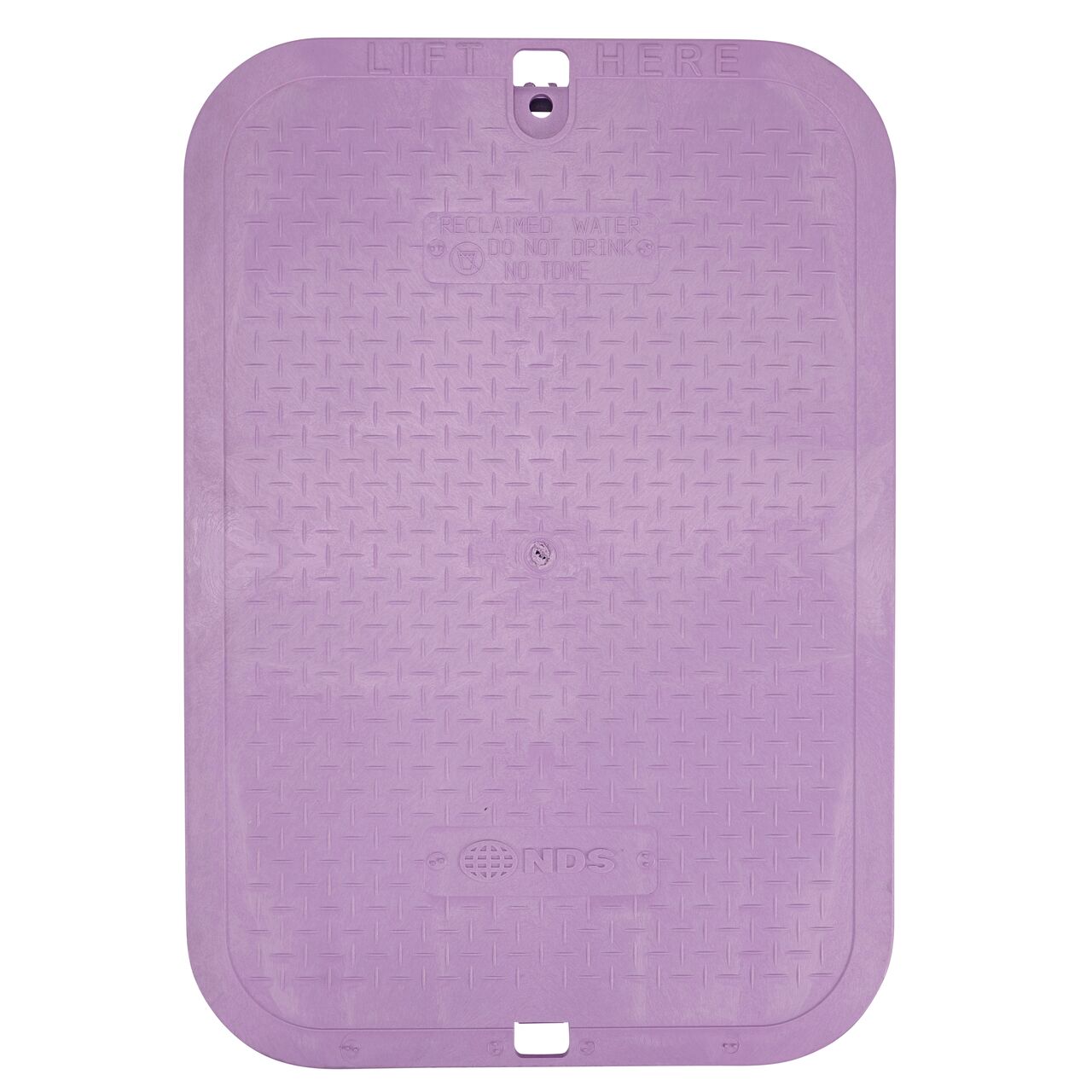 Top down view of the top side of the Purple Reclaimed Water overlapping cover (NDS 117CR) for the NDS 13 X 20 in. Rectangular Standard Series