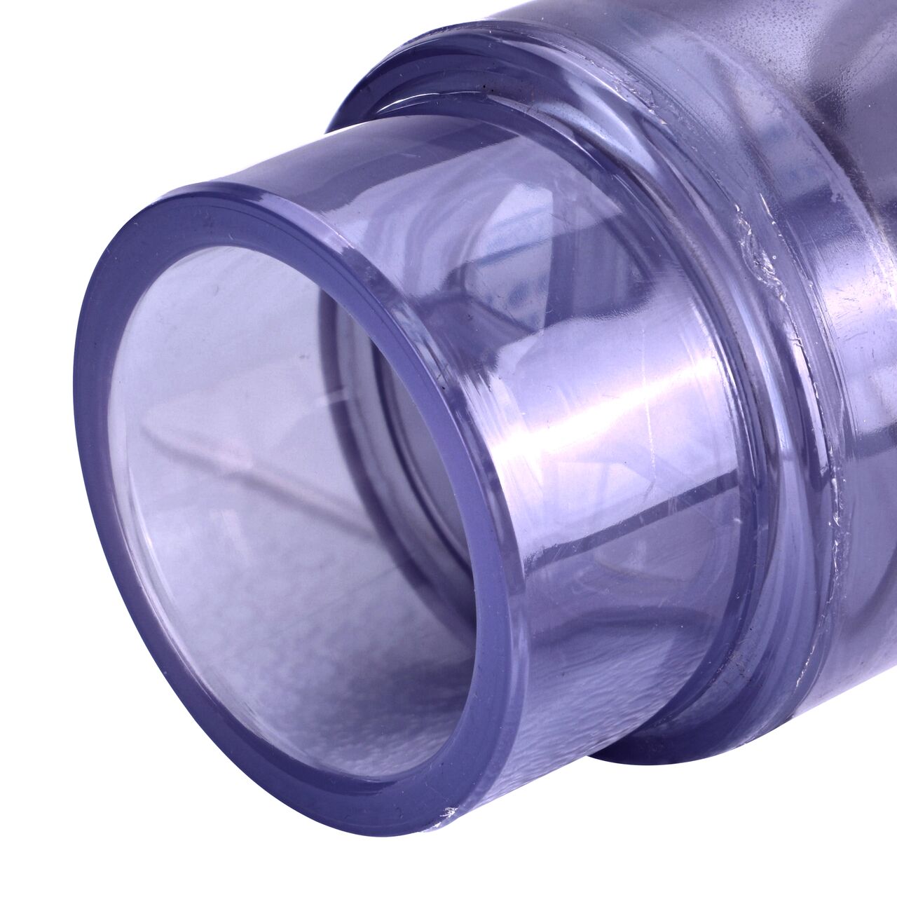 Closeup of the 2 inch spigot end of the NDS Clear 1-1/2 in. slip end by 2 in. spigot end PVC Air Check Valve (NDS 1053C20)