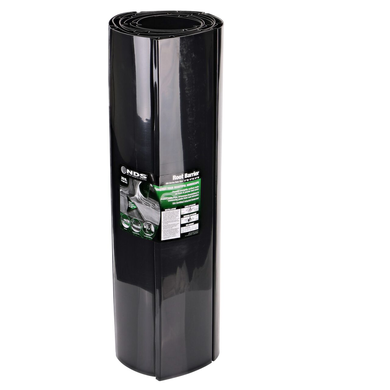 The 36 in. deep NDS Root Barrier Roll (NDS 36-2420) comes rolled with packaging label to hold it together