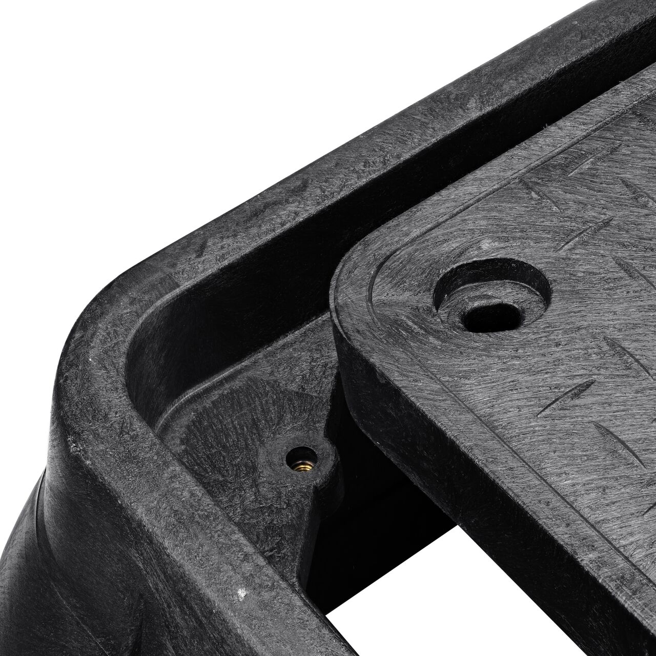 Align the bolt hole on the lid with the bolt hole from the NDS 17 in. X 30 in. Rectangular Pro Series Meter Black Box and Black Water Meter Cover (NDS 124BCDWB) for a secure fit
