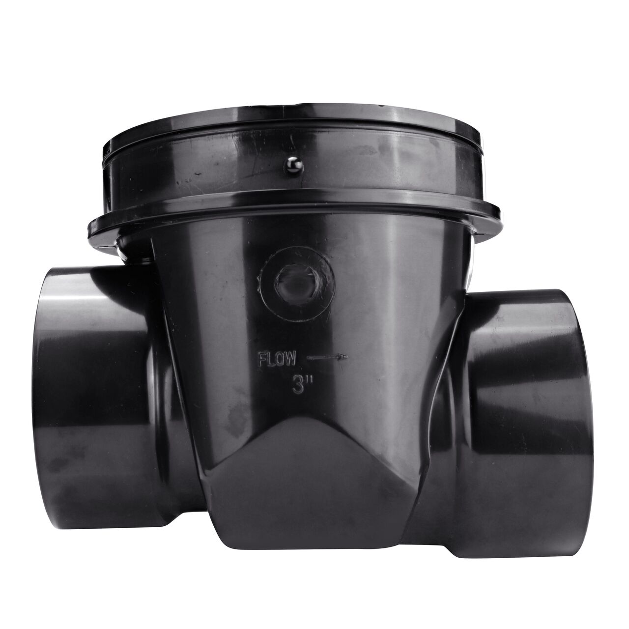 Side view of the NDS Black 3 in. ABS Backwater Valve (NDS 375) shows the water flow direction with arrow