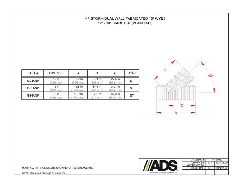 12" - 18" 45º Wyes - Plain End (HP Storm Wyes Fittings Manual)