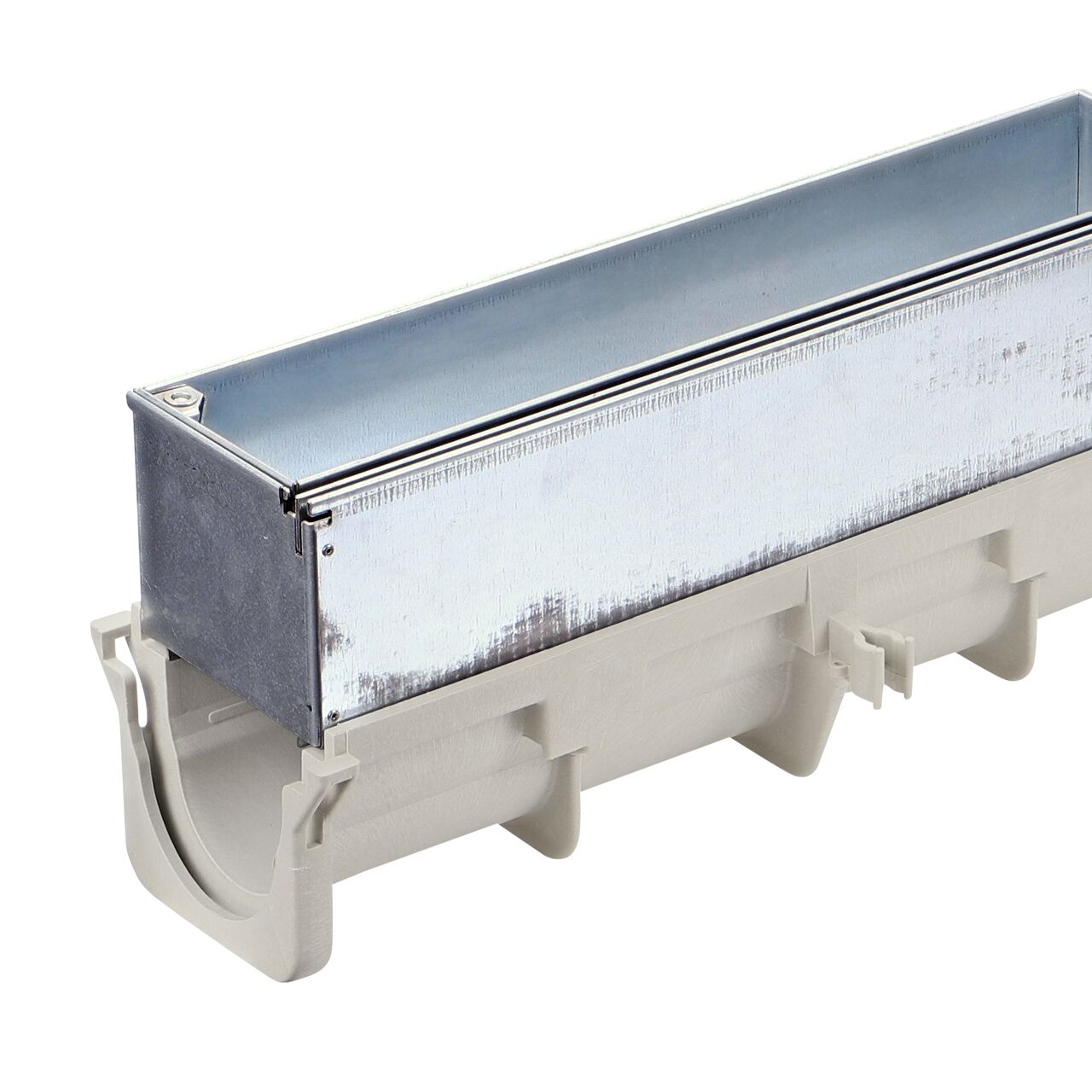 Closeup view of the NDS Galvanized Steel Dura Slope Channel Drain Slot Top Maintenance Unit (DS-STMAINT) installed on the female end of the Dura Slope Channel Drain (NDS DS-091)