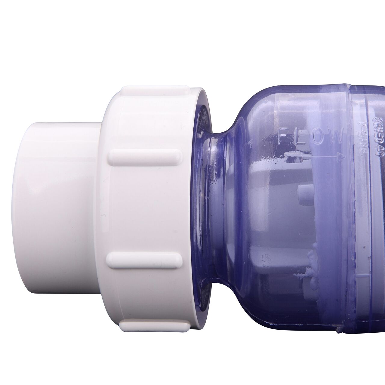 Closeup of the inlet end and the inside of the NDS Clear 1-1/2 in. slip end by slip end with 1/2 lb. spring PVC True Union Spring Check Valve (NDS 1700C15)
