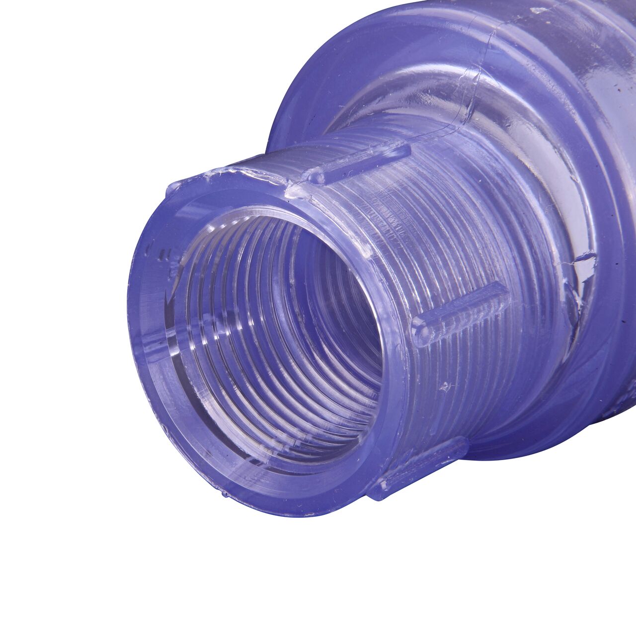 Closeup of the inlet end of the NDS Clear 1 in. female end by female end PVC Swing Check Valve (NDS 1520C10F) which prevents backflow in pipelines