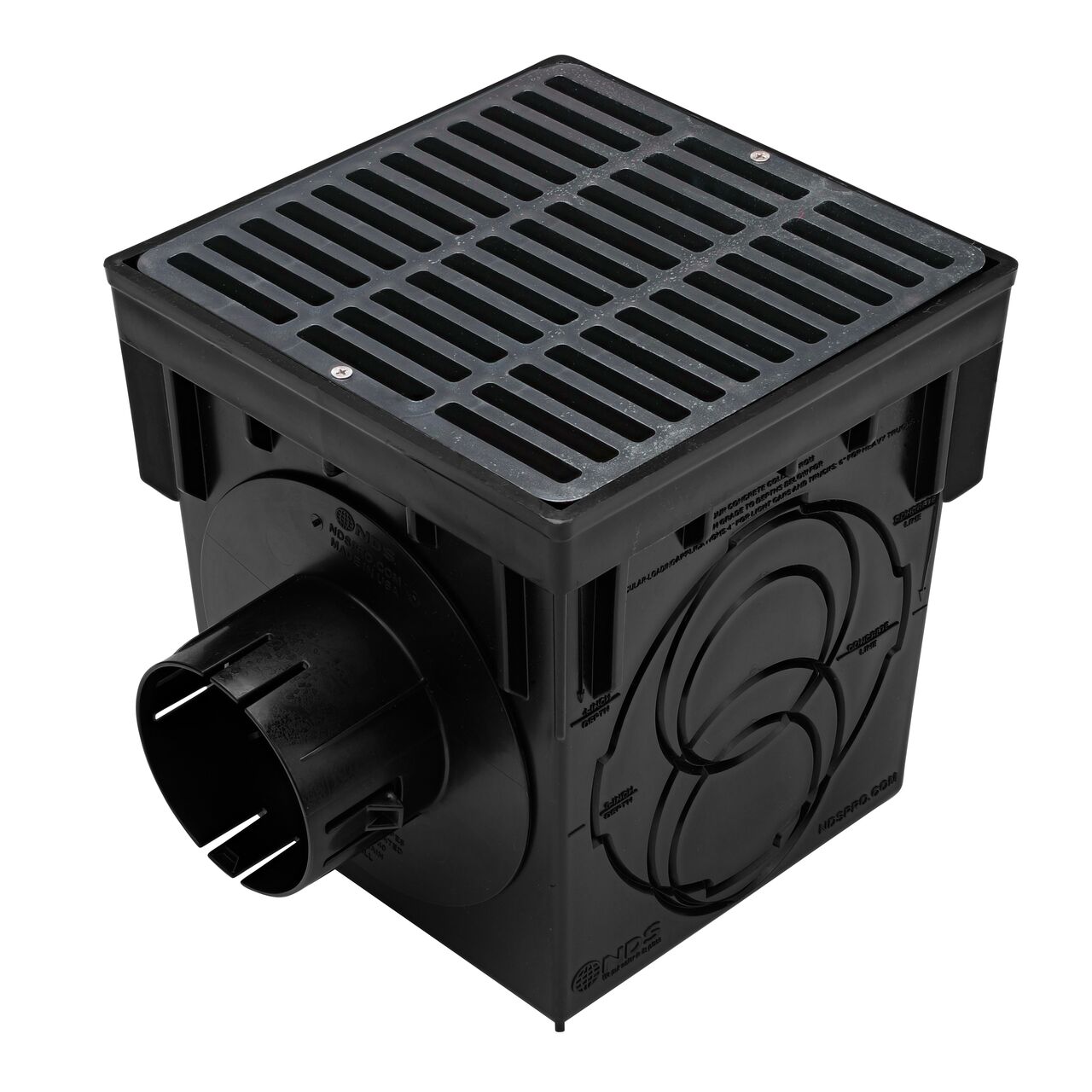 Black plastic 9 in. Catch Basin Drain Kit with black grate (NDS 900BLKIT) drains water as it blocks pipe-clogging debris