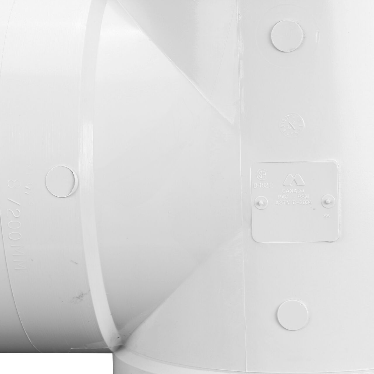 Closeup view of the markings on the NDS S&D Tee, connects 8 in. Sewer and Drain pipes, Hub X Hub X Hub connection (NDS 8P01)
