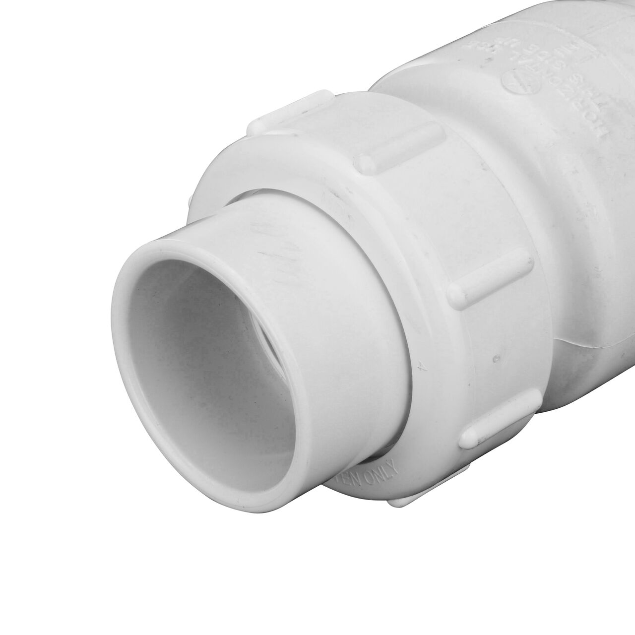 Closeup of the one end of the NDS Clear 1-1/2 in. IPS U X U PVC True Union Swing Check Valve (NDS 1720-15)