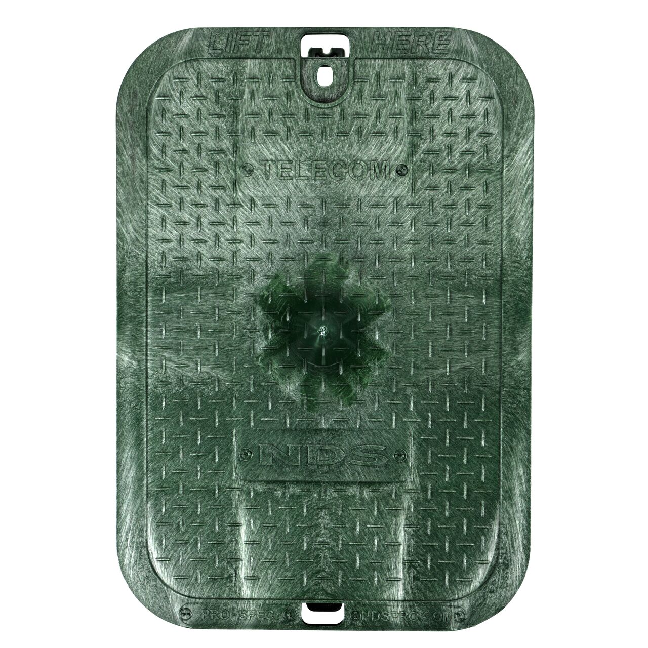 Top down view of the top side of the green telecom cover for the NDS 14 in. X 19 in. Rectangular Pro-Spec Series (NDS 313BCBT) with finger indentations to lift and remove lid