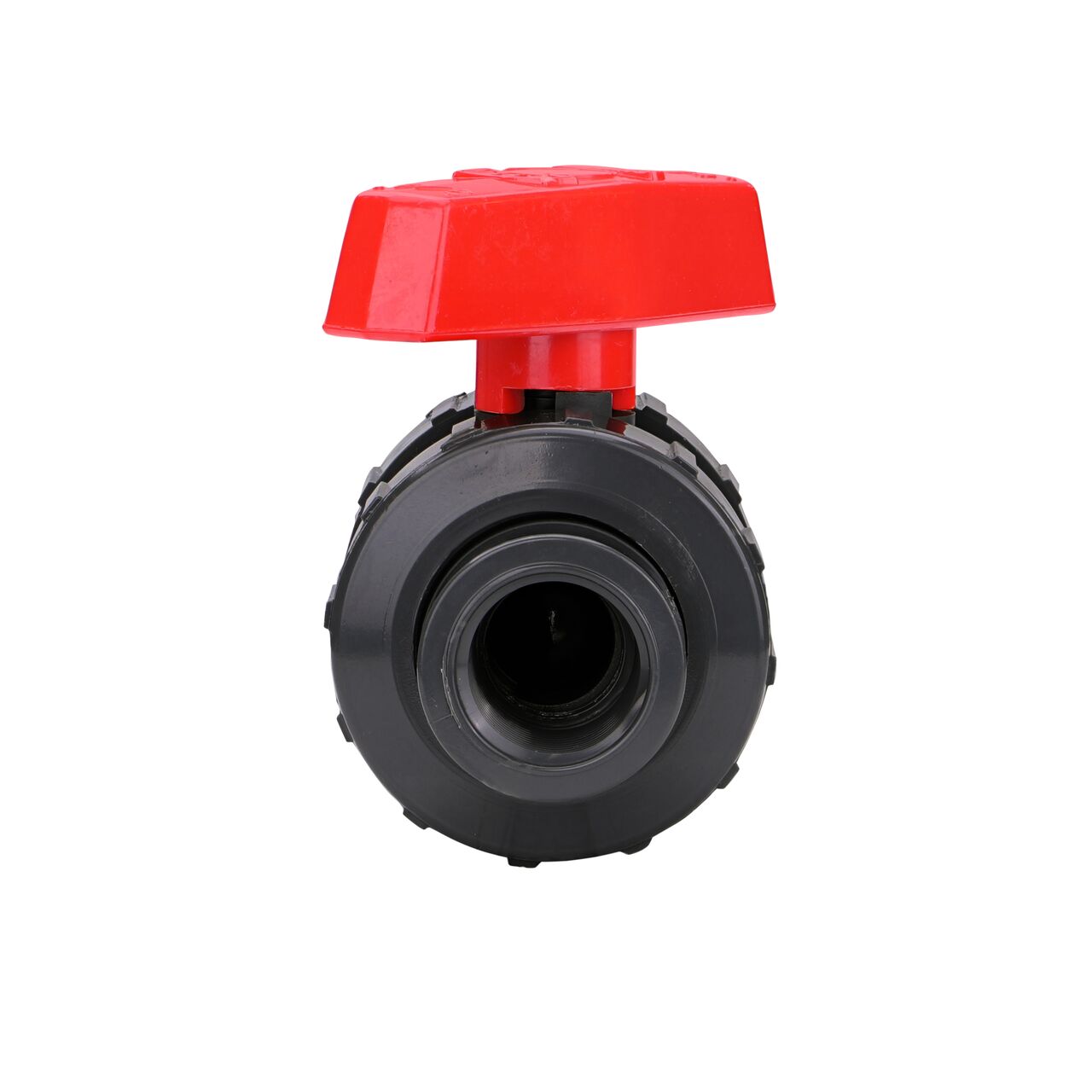 The The 3/4 in. PVC Slip & Threaded True Union Ball Valve (NDS BTU-0750-E) shown with the connection end attached with the handle in the half-way closed position to show how ball valve provides a shut off point in the system