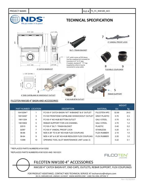 NDS BG-FILCOTEN® 100 Trench Drain Accessories Tech Spec