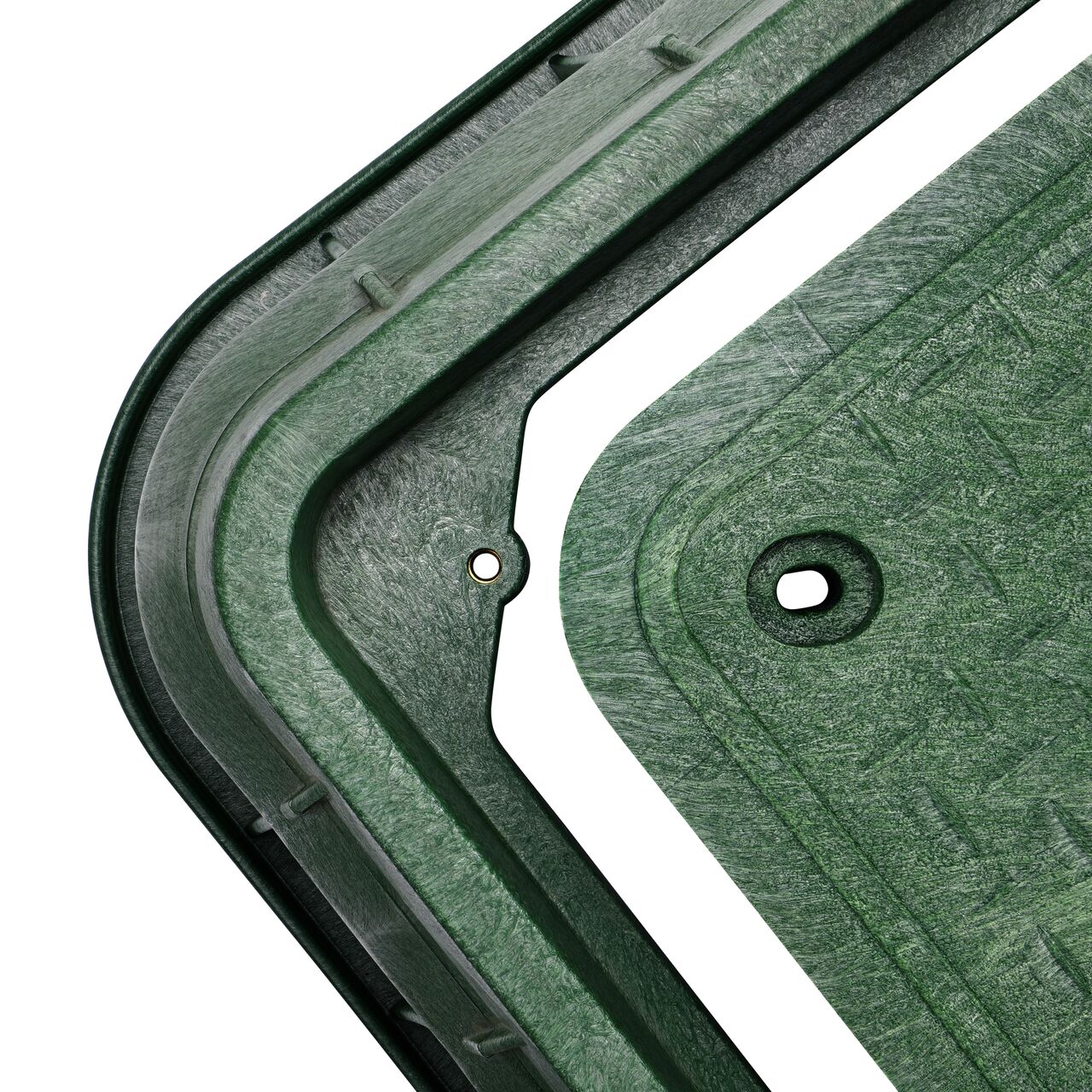 Align the bolt hole on the lid with the bolt hole from the NDS 17 in. X 30 in. Rectangular Pro-Spec® Series Green Box and Green Irrigation Control Valve Cover (NDS 324BCB) for a secure fit