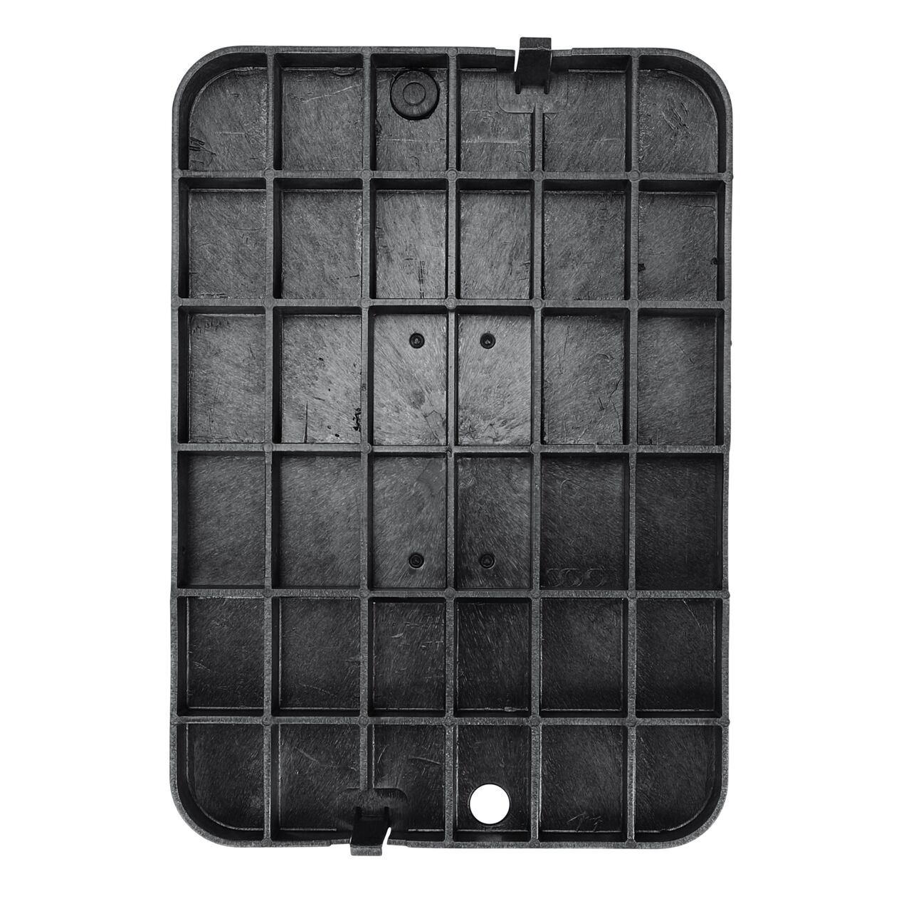 Top down view of the underside of the Black Water Meter cover (NDS D1500-DISBL) for the NDS 13 in. X 20 in. Rectangular Standard Series meter box showing reinforcing ribs that help support pedestrian and lawn care equipment