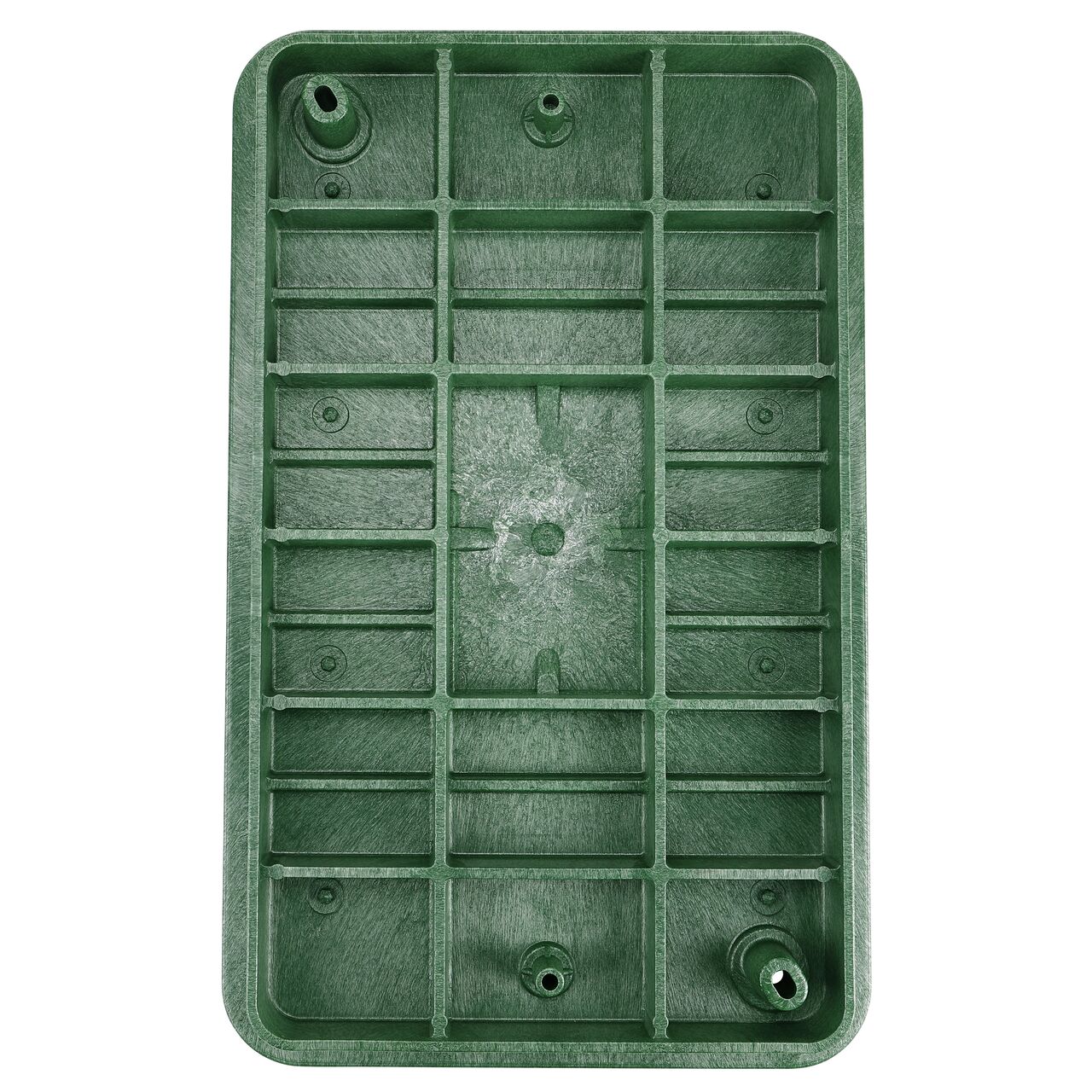 Top down view of the underside of the Green Sewer cover (NDS 322CS) for the NDS 13 in. X 24 in. Rectangular Pro-Spec® Series Valve box showing reinforcing ribs that help support pedestrian and lawn care equipment