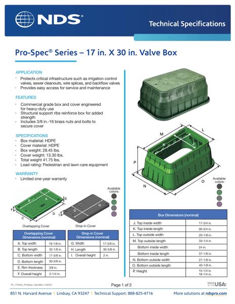 NDS 17 in. X 30 in. Rectangular Pro-Spec® Series Valve Boxes & Covers Tech Spec